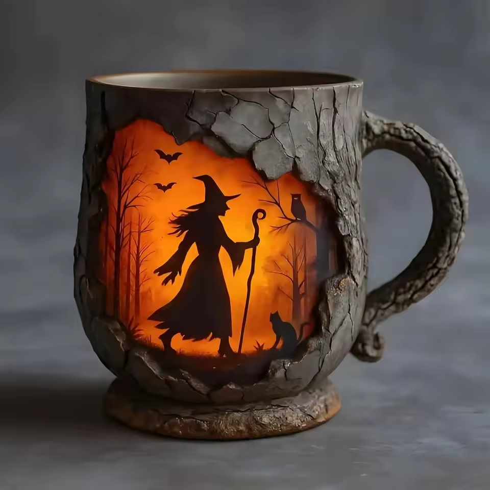 Tazza di Halloween 3D artigianale – Motivo Strega e Gatto