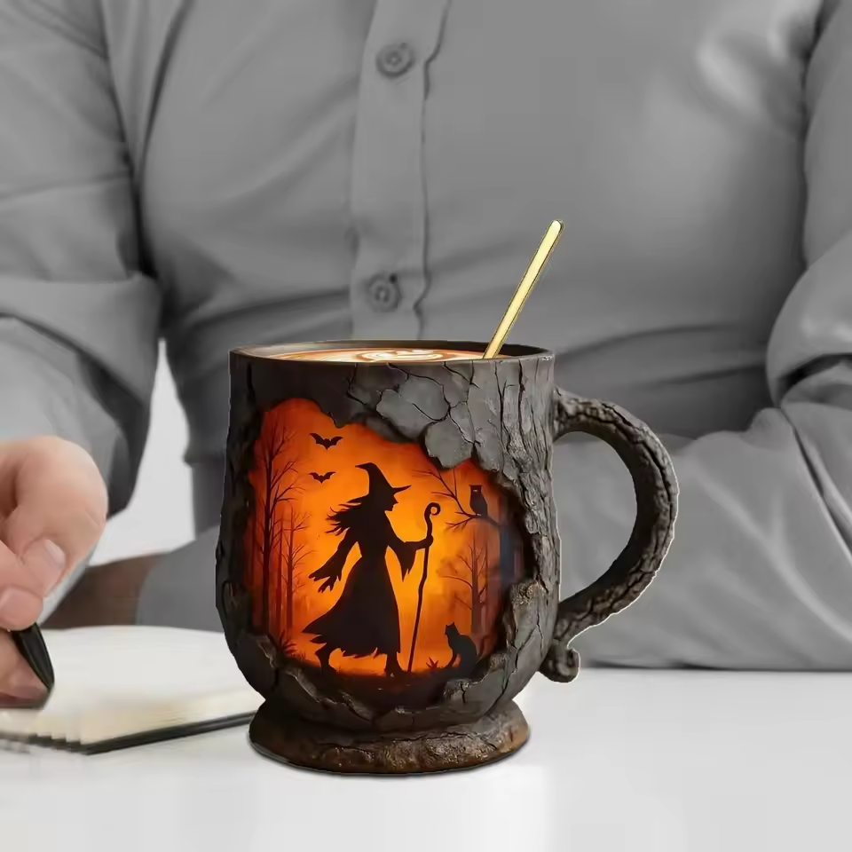 Tazza di Halloween 3D artigianale – Motivo Strega e Gatto