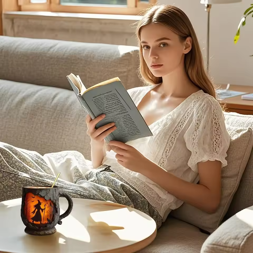 Tazza artigianale 3D di Halloween – Con strega e gatto
