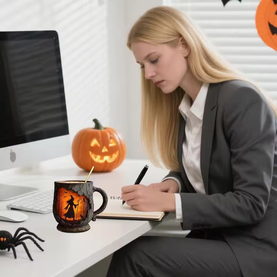 Tazza artigianale 3D di Halloween – Con strega e gatto