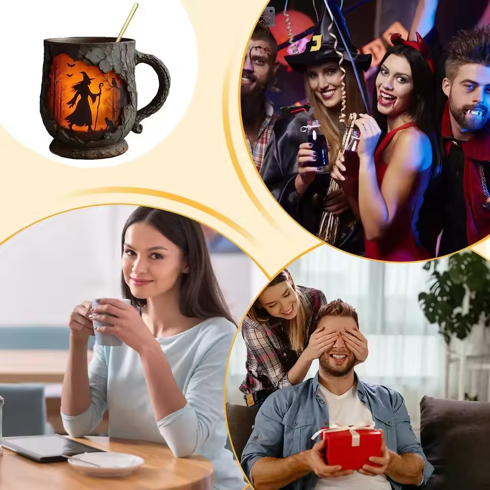 Tazza di Halloween 3D artigianale – Motivo Strega e Gatto